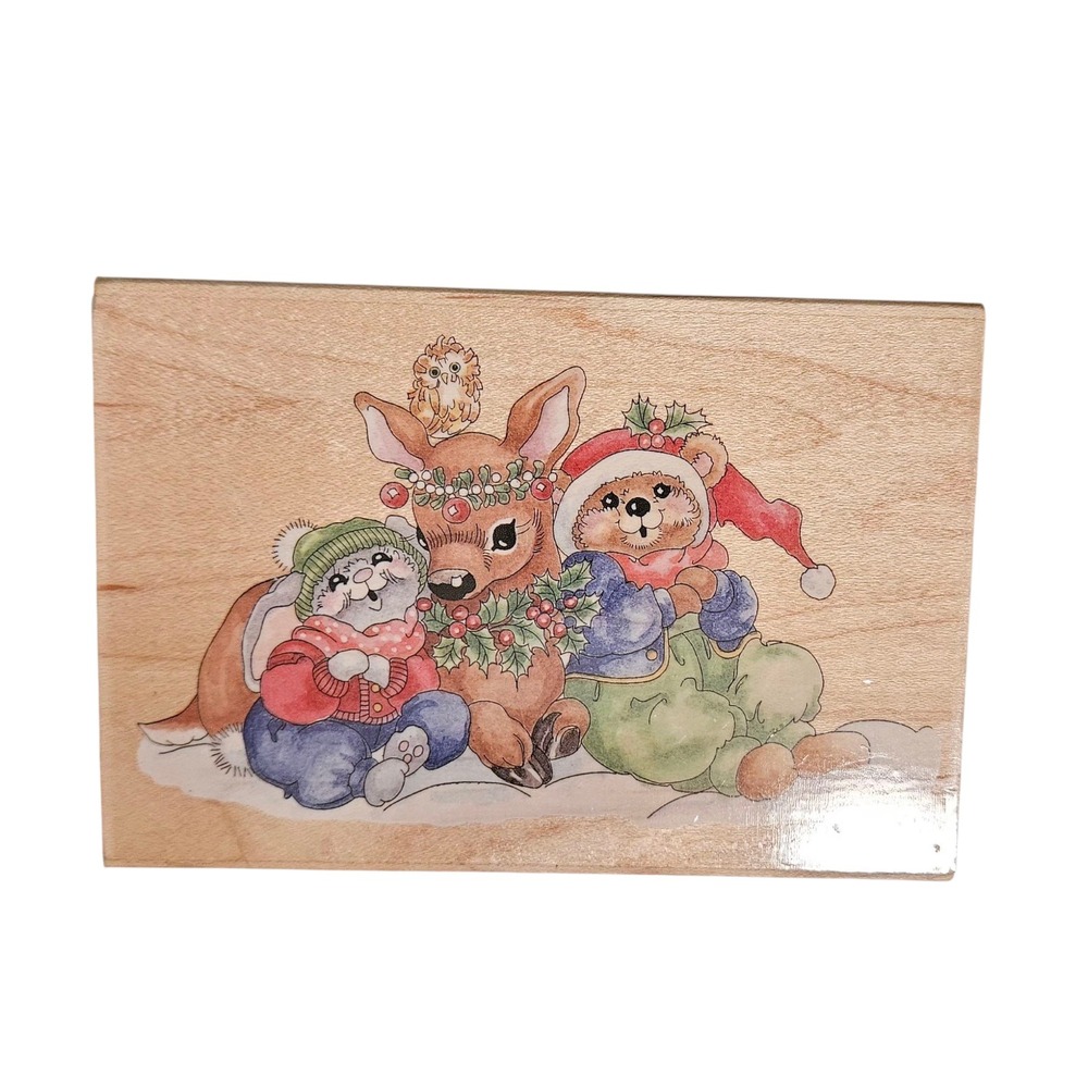 Stamps Happen Inc Snow Animals Rubber Stamp‎ Deer Bear Hedgehog Christmas large
